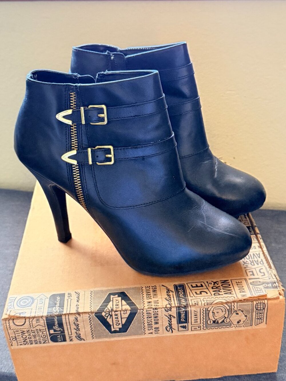 Black Gold Buckle Ankle Boots, size 9.5